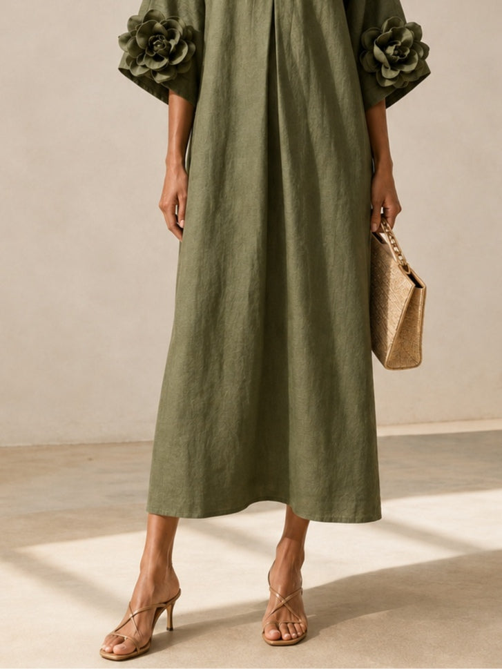 Abito midi verde oliva con scollo a V e maniche con stampa floreale stravagante