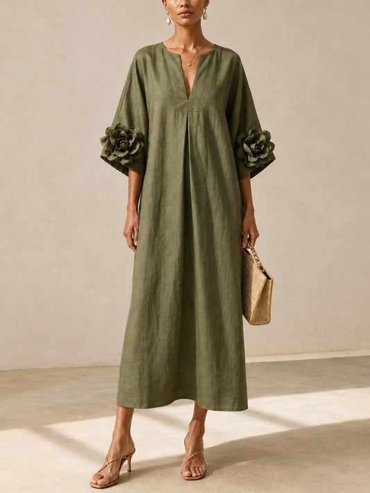 Abito midi verde oliva con scollo a V e maniche con stampa floreale stravagante