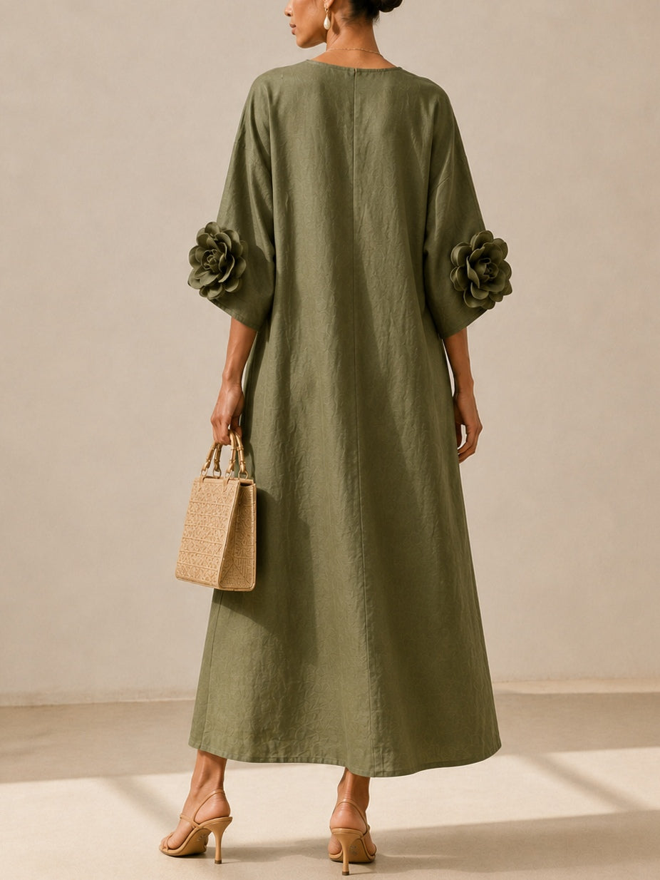 Abito midi verde oliva con scollo a V e maniche con stampa floreale stravagante