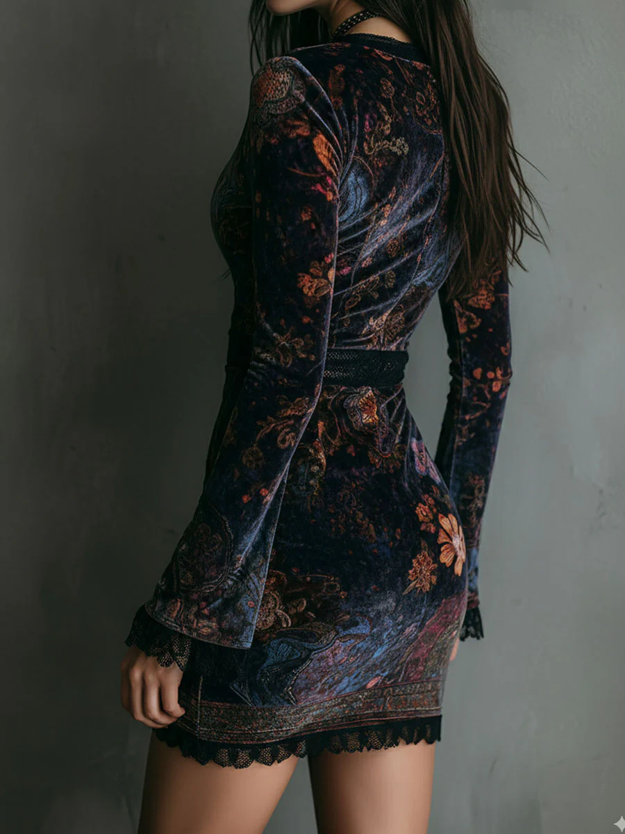 GRAZIA™║Mini Abito Aderente in Velluto con Stampa Floreale e Pizzo