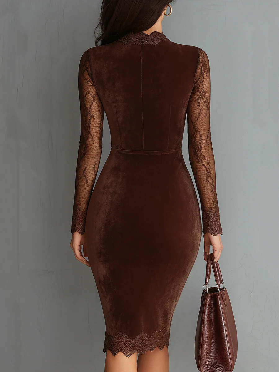 GIOIA™║Mini Abito in Velluto con Collo Vintage e Maniche in Pizzo Marrone