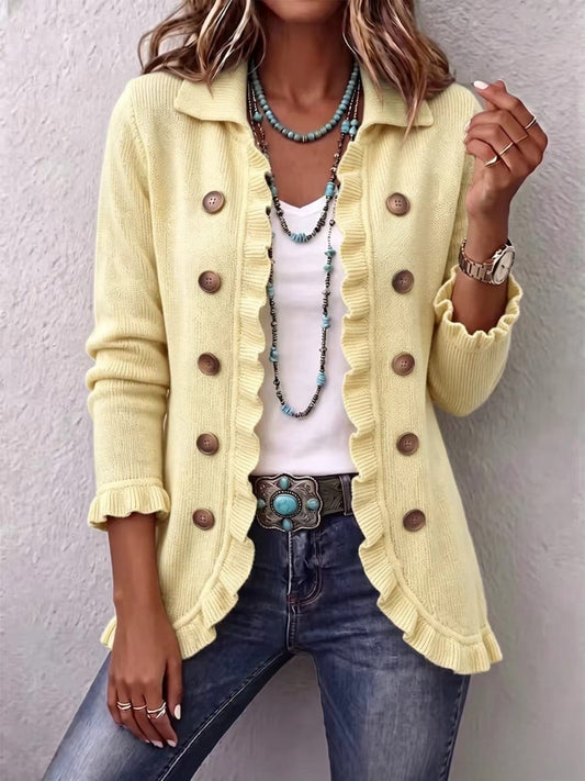 Ornella | Giacca in maglia a costine color crema con volant
