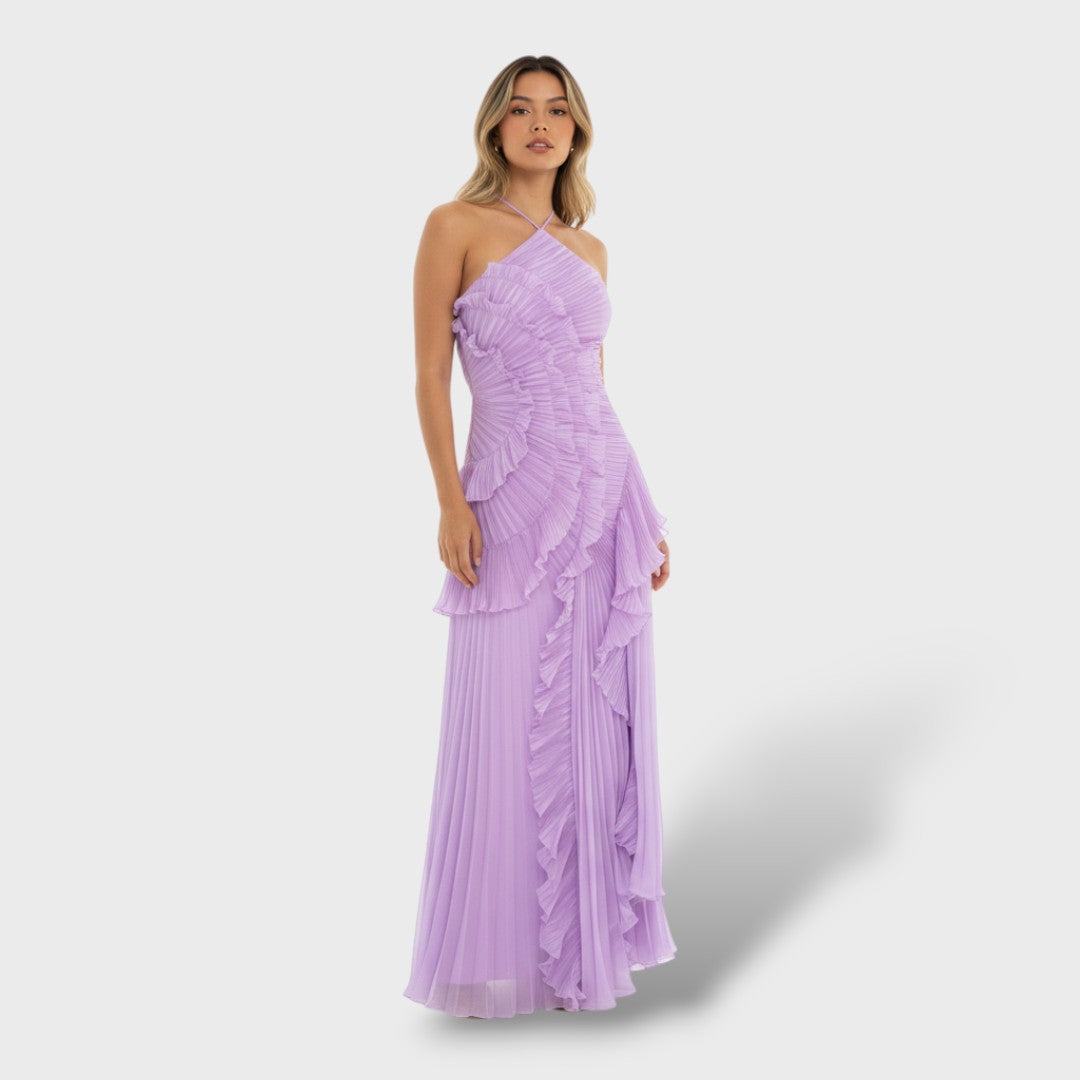 Vestito maxi halter con volant e apertura