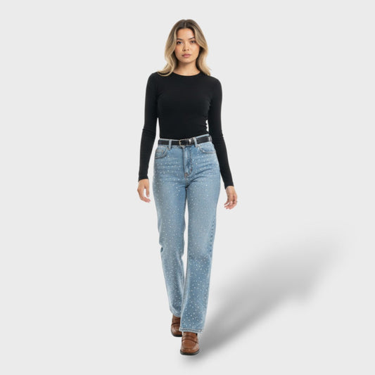 Pantaloni Dritti Vita Alta con Strass