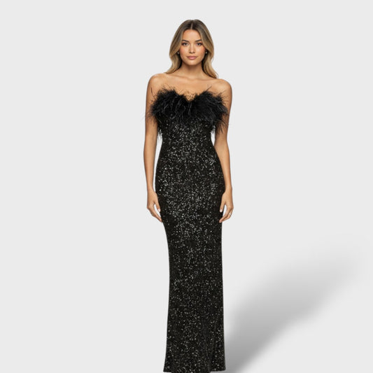 Vestito maxi paillettes e piume donna
