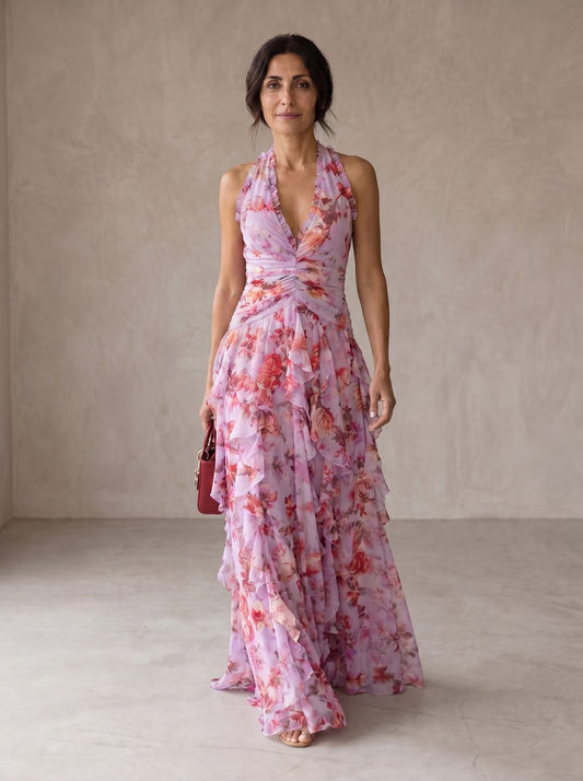 Belladina | Romantica cascata di rose - Abito lungo con collo halter