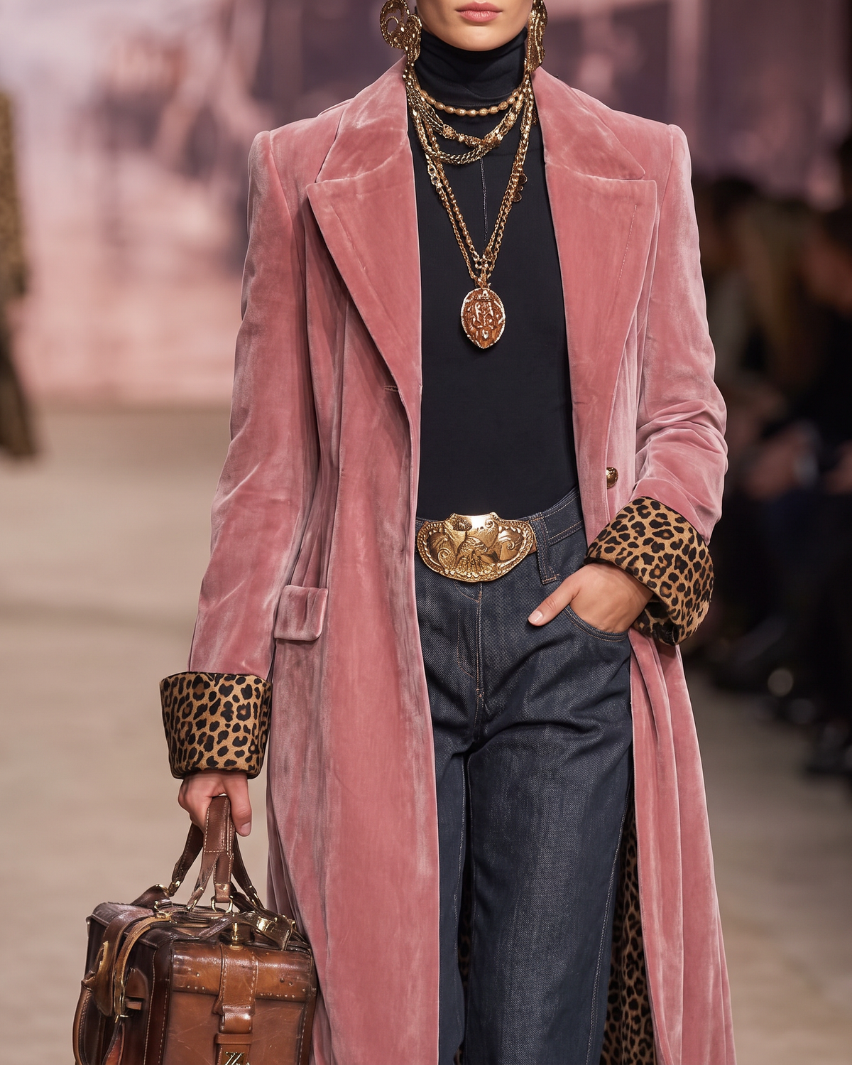 REAL | Cappotto Lungo in Velluto con Interno Leopardato