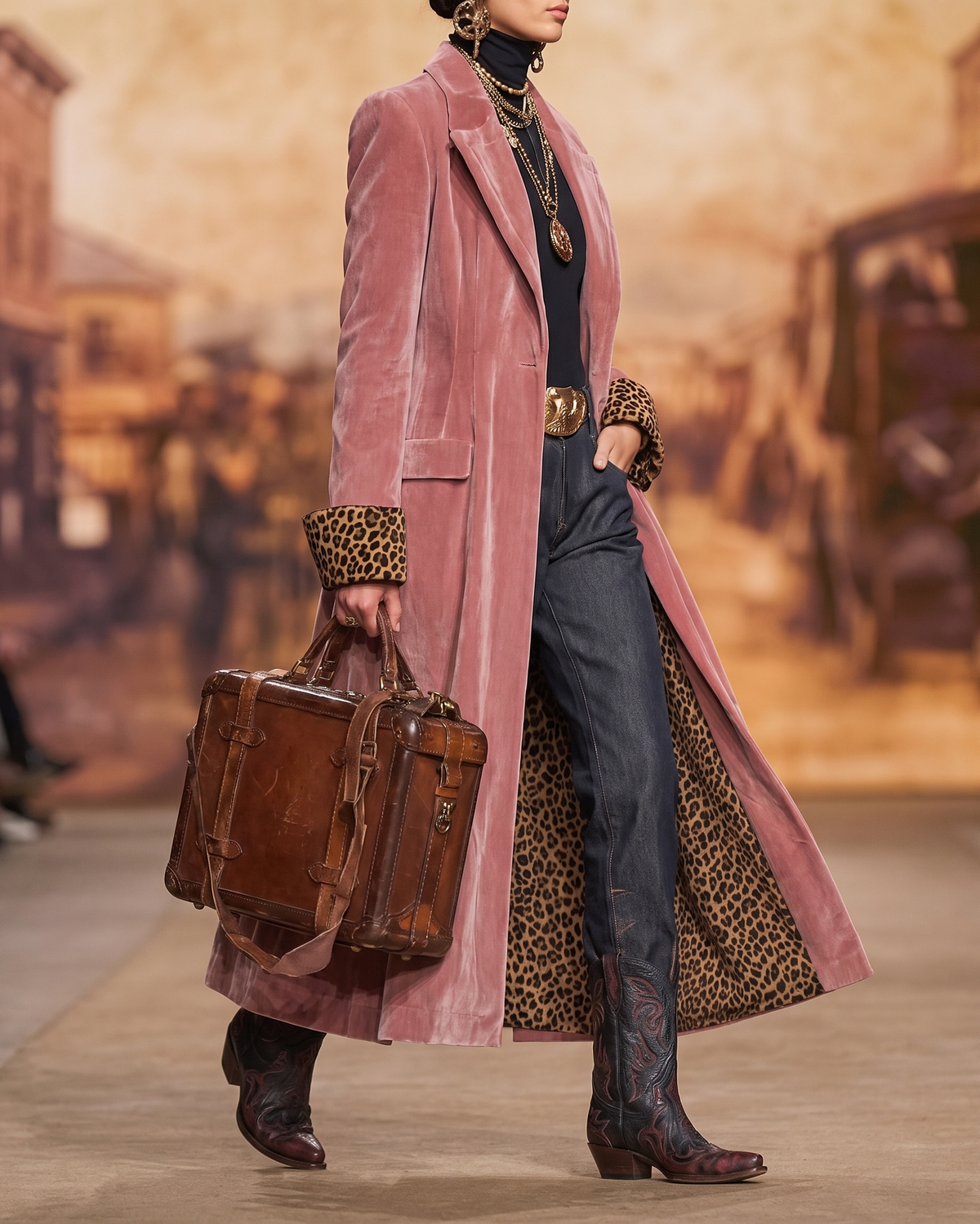 REAL | Cappotto Lungo in Velluto con Interno Leopardato