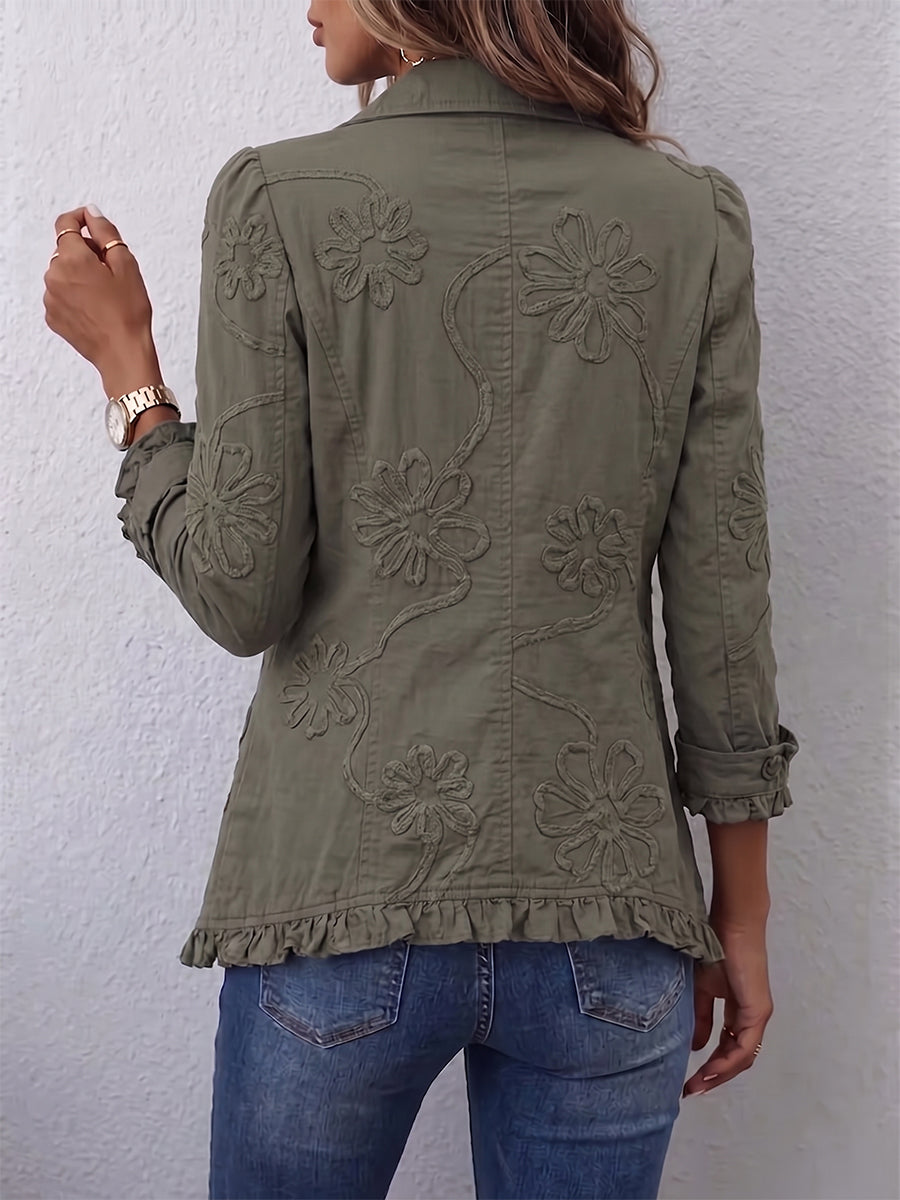 Alessandra | Giacca in stile boho-chic con ricamo floreale e bordo con rouches