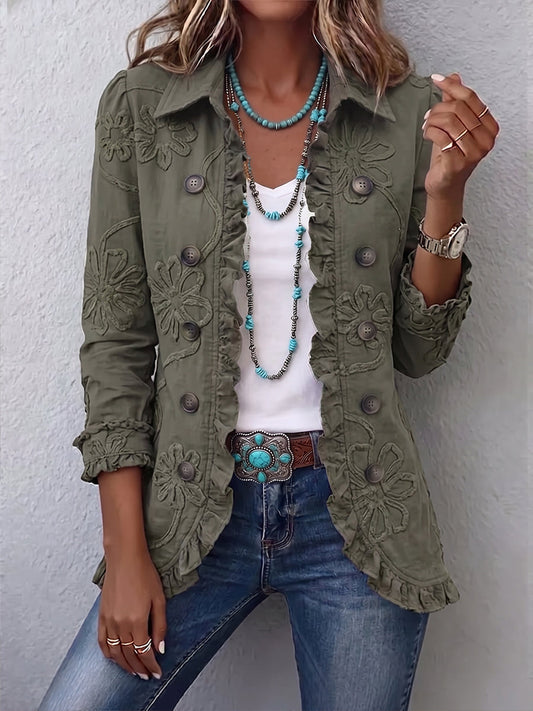 Alessandra | Giacca in stile boho-chic con ricamo floreale e bordo con rouches