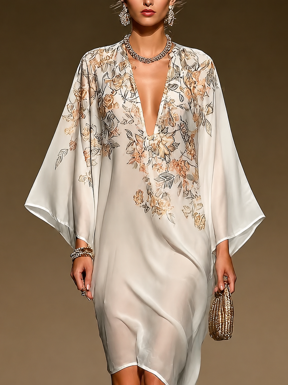 Abito caftano in chiffon beige con stampa floreale, scollo a V profondo, maniche a pipistrello, orlo asimmetrico, abito midi fluido