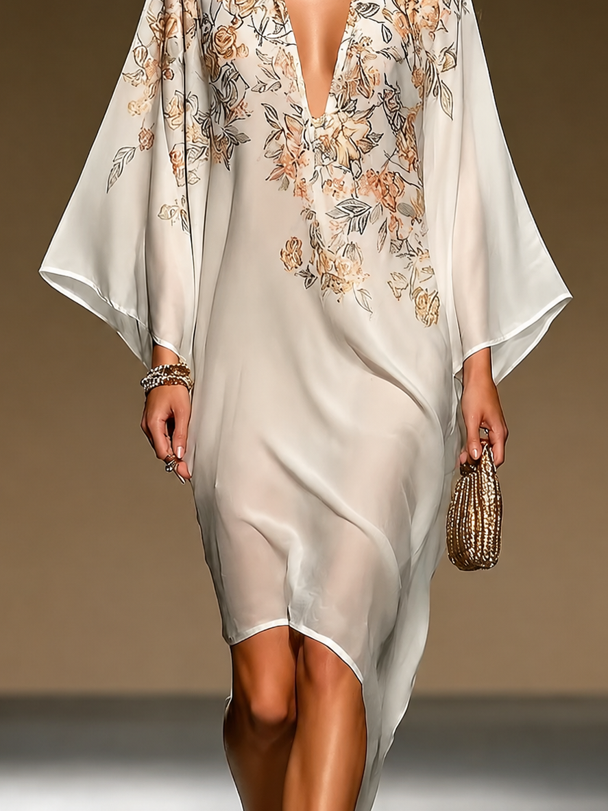 Abito caftano in chiffon beige con stampa floreale, scollo a V profondo, maniche a pipistrello, orlo asimmetrico, abito midi fluido