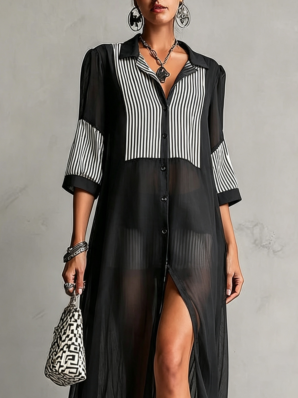 Abito lungo in chiffon nero trasparente, abito midi con bottoni e maniche 3/4 a righe bianche e nere